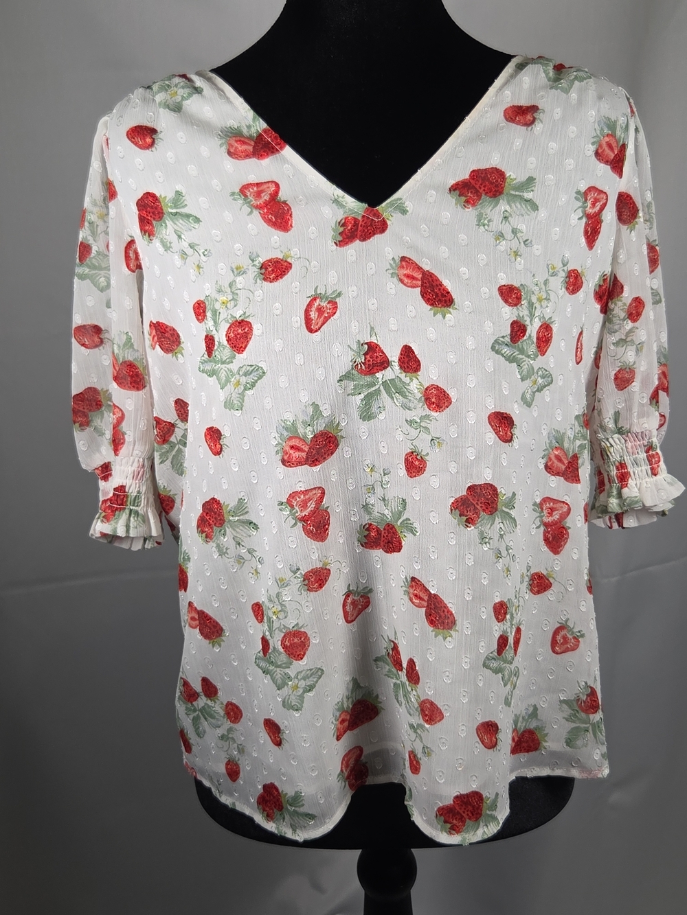Rachel Zoe White V-Neck Blouse with Red Strawberry Print Size XS